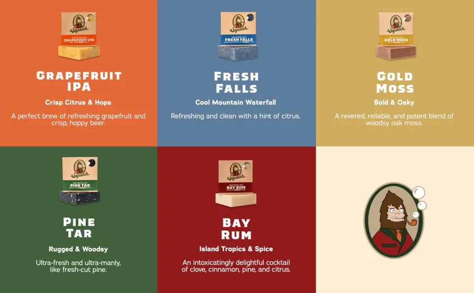 Dr. Squatch Men's Soap Variety 4 Pack - Wood Barrel Bourbon, Gold Moss, Bay Rum, Cool Fresh Aloe - Dr. Squatch Soap Grapefruit IPA, Fresh Falls, Gold Moss, Pine Tar, Bay Rum