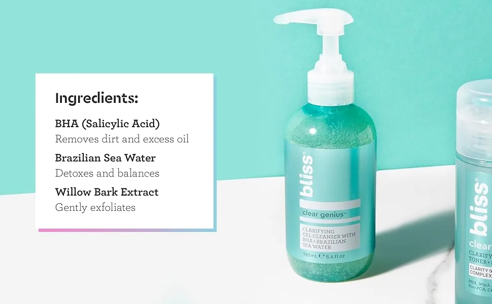 Bliss Clear Genius Clarifying Gel Cleanser | Non-Irritating | Clean | Cruelty-Free | Paraben Free | Vegan | 6.4 oz - Ingredients