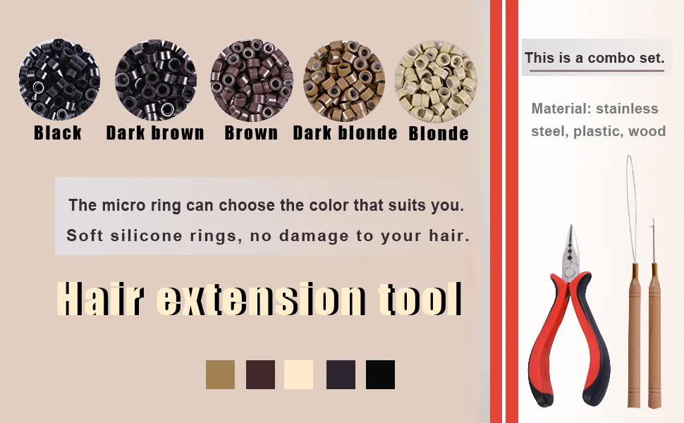 200pcs Silicone Micro Rings Hair Extensions Tools Kit: Three-hole Hair Pliers, Micro Pulling Hook Needle, Loop Threader and Silicone Micro Links (Black) 200pcs Silicone Rings Black - 3-Hole Hair Pliers+ Micro Pulling Needle+Loop Threader for Hair Hair Extension Tools