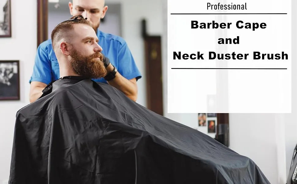Barber Cape and Neck Duster Brush,Waterproof Polyester Salon Hair Cutting Cape, Haircut Cape with Adjustable Elastic Neck Black - Barber Cape