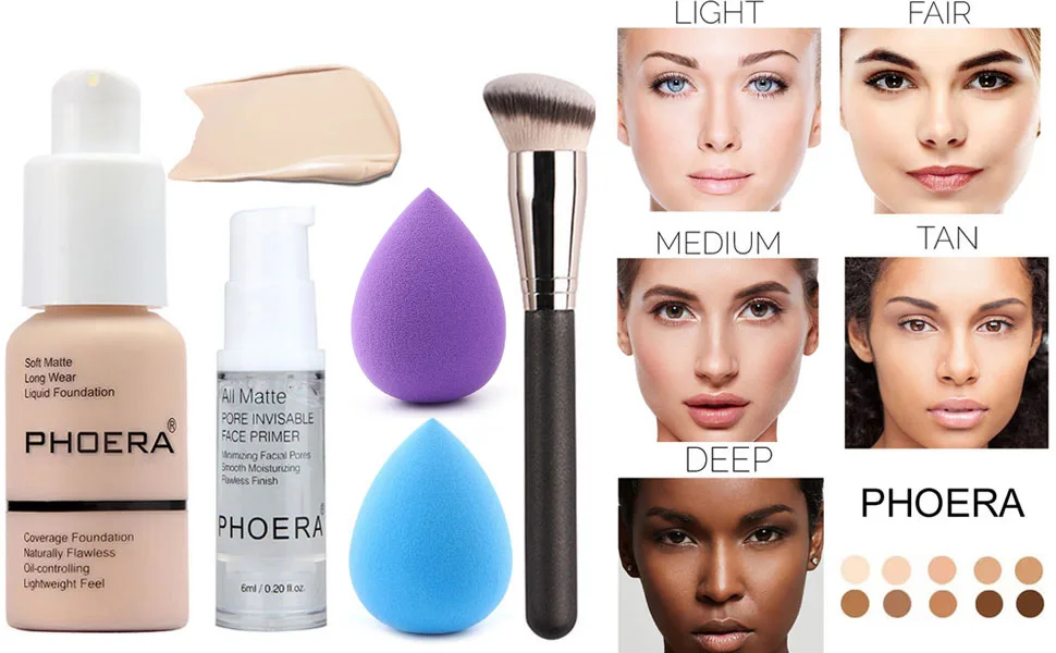 5PCS Liquid Foundation for PHOERA Makeup Set Matte Liquid Full Coverage Oil Control Breathable Invisible Cover Concealer Foundation with Face Primer, Foundation Brush, Makeup Sponge (101 Porcelain Makeup Set) - product information 1