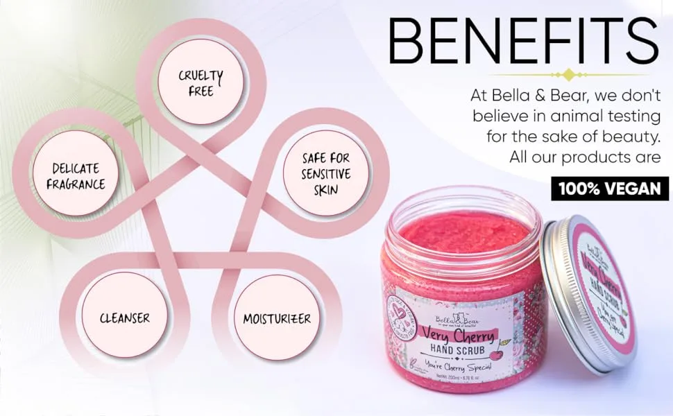 Bella & Bear Very Cherry Hand Scrub, No Harmful Chemicals, Cruelty-Free, Vegan-Friendly Exfoliating, 6.7oz - very cherry hand scrub vegan sensitive skin sugar cleanser polish moisturizer scrubber foot body