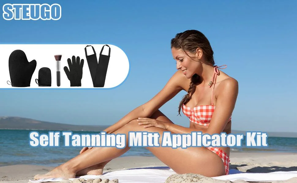 STEUGO 5 Pack Self Tanning Mitt Applicator Kit, Self Tan Glove, Face Tan Mitt, Back Lotion Applicator, Exfoliating Glove, Tanning Brush for Self Tanner Fake Bake Tan Tan Mitt Set 5 - STEUGO 5 in 1 Self Tanner Mitt Applicator Kit