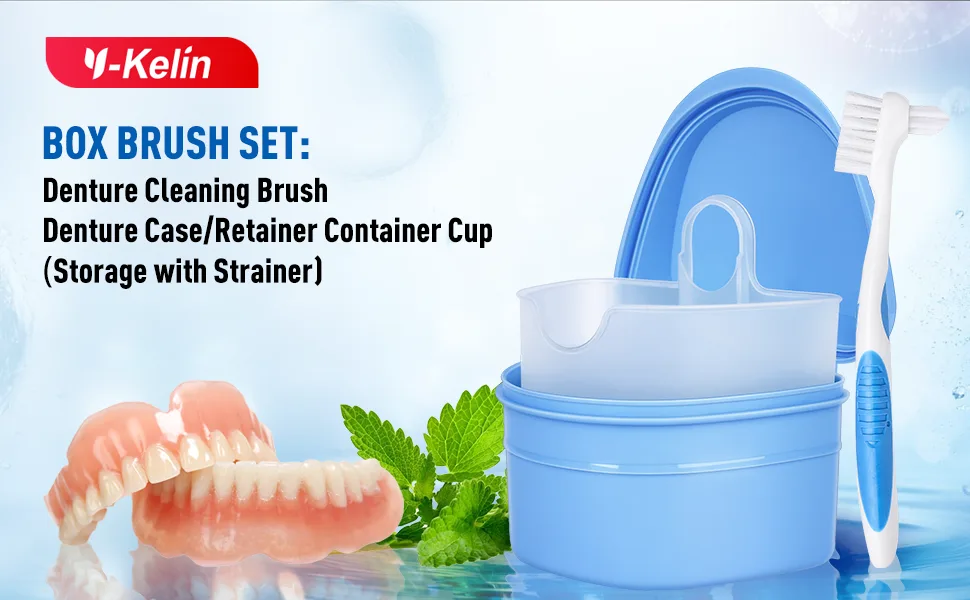 Y-Kelin Denture And Retainer Cleanning Set Denture Cleaning Case And Denture Brush (blue) - denture box
