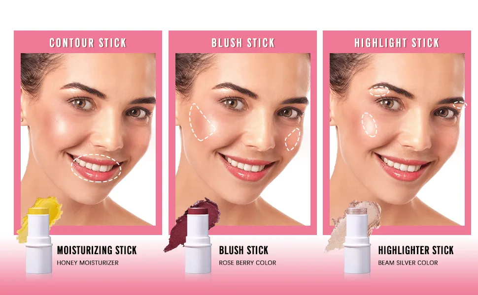 KIMUSE Cosmetics Multi Stick Trio - Cream Blush Stick, Highlighter Stick & Moisturizer - 3 Pack Makeup Sticks for Older Women & Mature Skin Blush, Highlighter & Moisturizer Trio - Multi Stick Trio