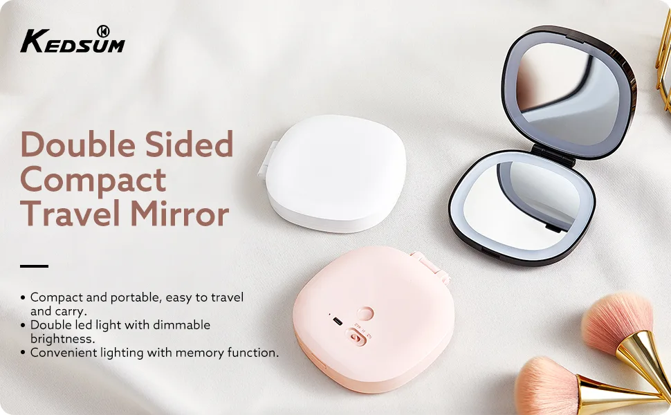 KEDSUM Lighted Compact Mirror, 1X/10X Magnifying Mirror, Travel Makeup Mirror with Rechargeable LED Lights, Dimmable Double Sided Folding Mirror, Portable, Daylight, USB Charging(Pink) - product information 1