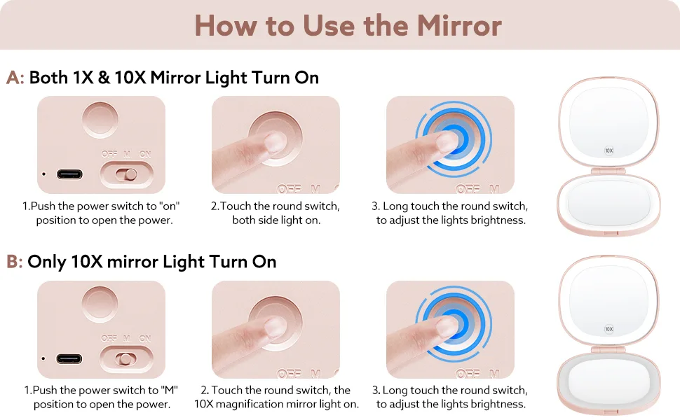 KEDSUM Lighted Compact Mirror, 1X/10X Magnifying Mirror, Travel Makeup Mirror with Rechargeable LED Lights, Dimmable Double Sided Folding Mirror, Portable, Daylight, USB Charging(Pink) - product information 3