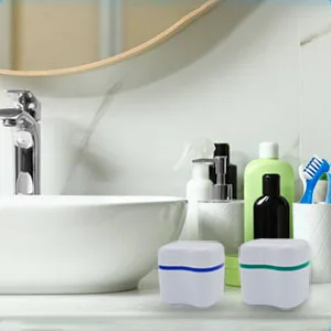Denture Case Kit, 2 Denture Bath Cups with 2 Denture Brush & 2 Portable Toothbrush Box, Denture Brush Retainer Bath with Lid, Retainer Cleaning Denture Boxes, Toothbrush Kit for Travel Blue & Light Green - denture cup