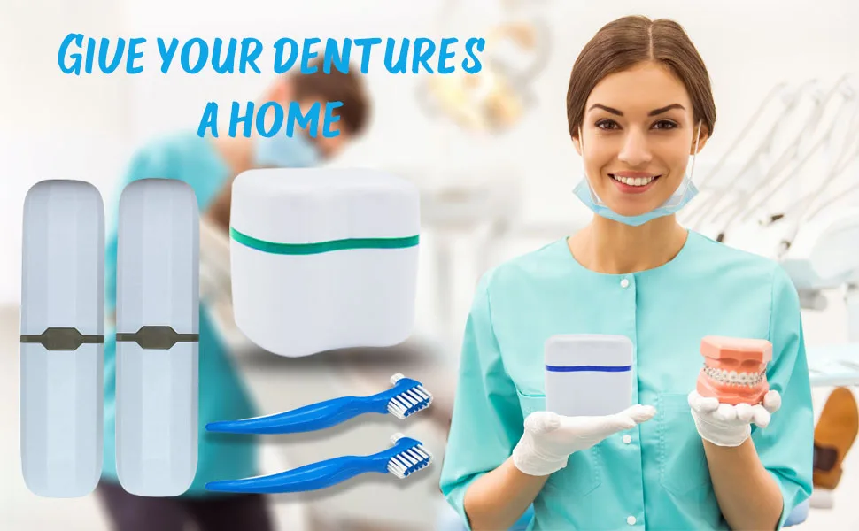 Denture Case Kit, 2 Denture Bath Cups with 2 Denture Brush & 2 Portable Toothbrush Box, Denture Brush Retainer Bath with Lid, Retainer Cleaning Denture Boxes, Toothbrush Kit for Travel Blue & Light Green - product information 1