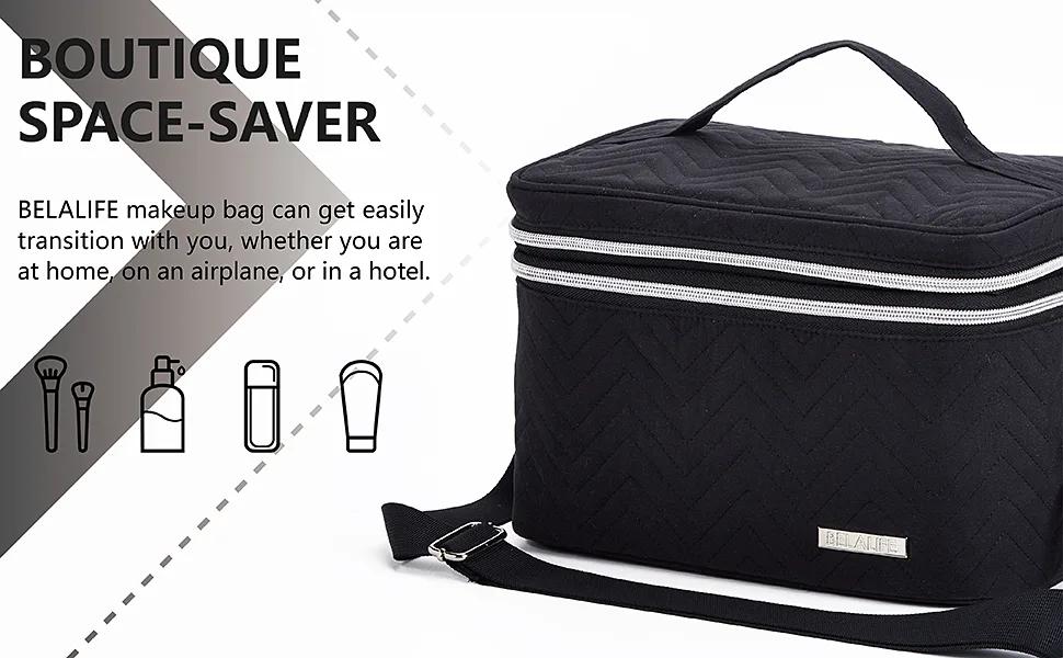BELALIFE Double Layer Makeup Bag for Travel, Portable Cosmetic Organizer for Brushes Sets, Large Toiletry Holder with Straps, Black - product information 2