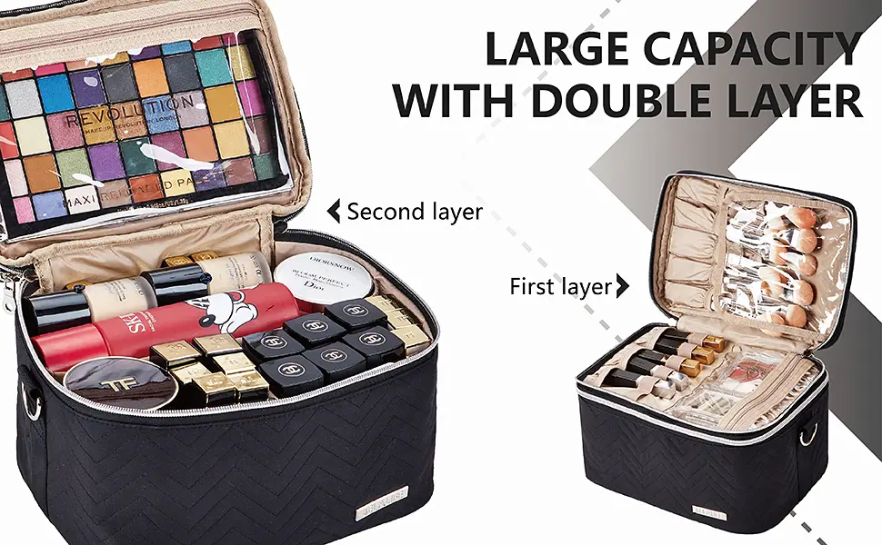 BELALIFE Double Layer Makeup Bag for Travel, Portable Cosmetic Organizer for Brushes Sets, Large Toiletry Holder with Straps, Black - product information 3