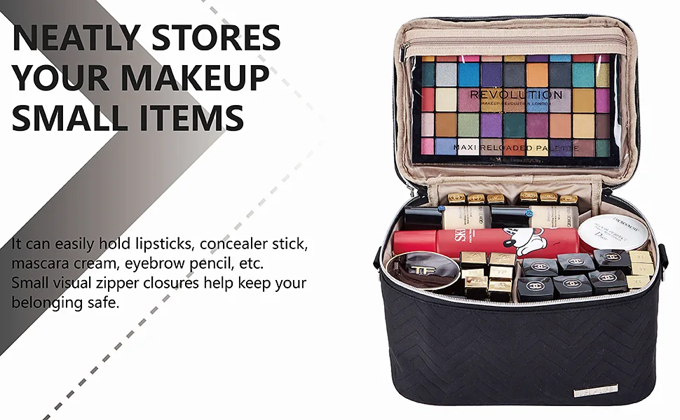 BELALIFE Double Layer Makeup Bag for Travel, Portable Cosmetic Organizer for Brushes Sets, Large Toiletry Holder with Straps, Black - product information 4
