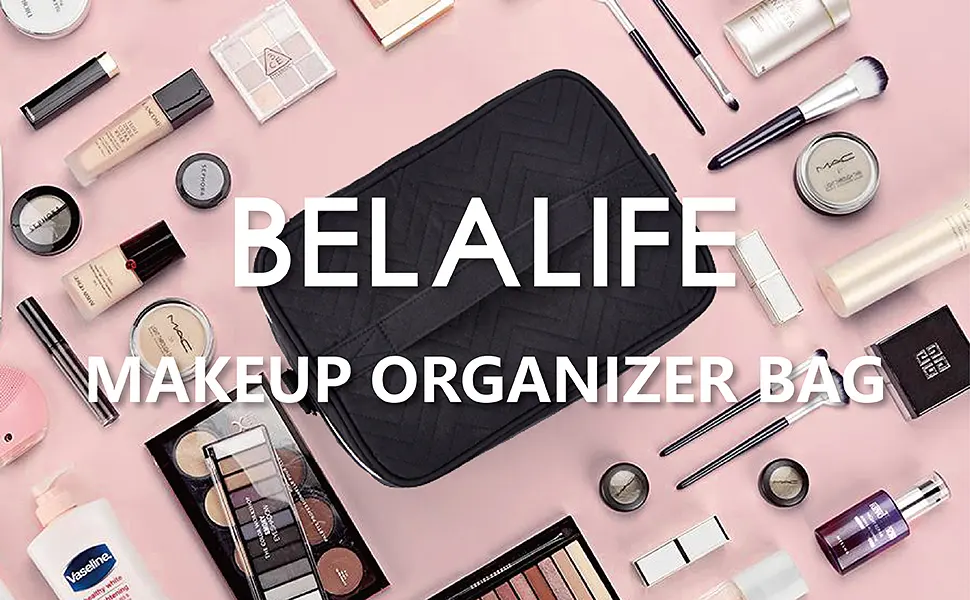 BELALIFE Double Layer Makeup Bag for Travel, Portable Cosmetic Organizer for Brushes Sets, Large Toiletry Holder with Straps, Black - toiletry bag