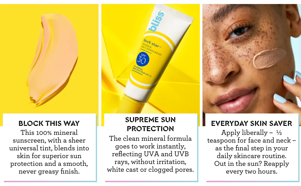 Bliss Tinted Sunscreen | Block Star Face Sunscreen | SPF 30 | 100% Mineral Sunscreen | Non-Greasy & Non-Irritating | Vegan | 1.4 fl oz - Block This Way, Supreme Sun Protection, Apply Liberally on face and neck, reapply every two hours