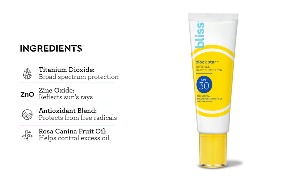 Bliss Tinted Sunscreen | Block Star Face Sunscreen | SPF 30 | 100% Mineral Sunscreen | Non-Greasy & Non-Irritating | Vegan | 1.4 fl oz - Ingredients: Titanium Dioxide, Zinc Oxide, Antioxidant Blend, Rose Canina Fruit Oil