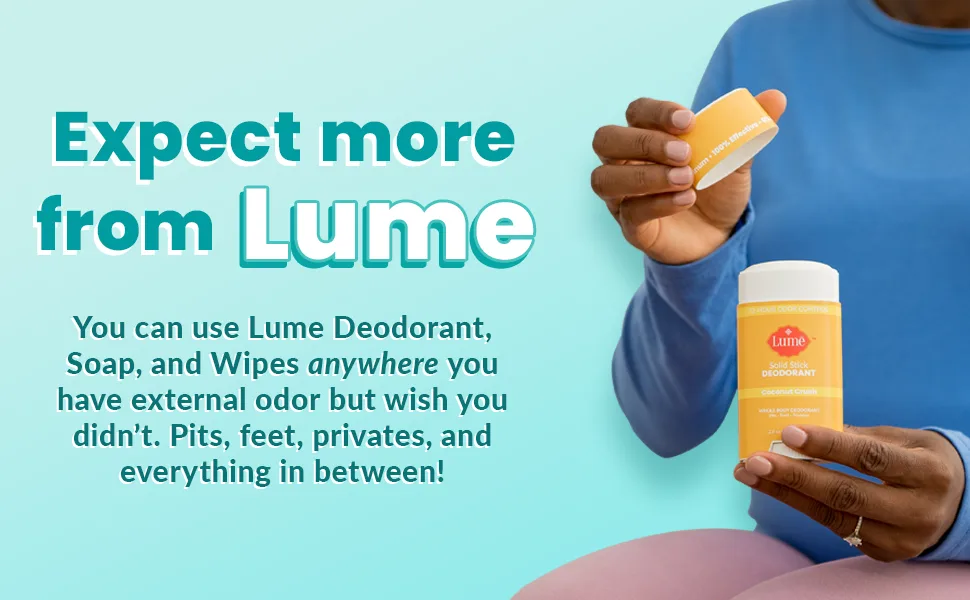 Lume Natural Solid Deodorant Stick - Whole Body Deodorant - Aluminum-Free, Baking Soda-Free, Hypoallergenic, Safe For Sensitive Skin - 2.6 Ounce Solid Stick, Three-Pack (Coconut Crush, Lavender Sage, Unscented) - Expect more from Lume. You can use Lume deodorant, soap, and wipes anywhere