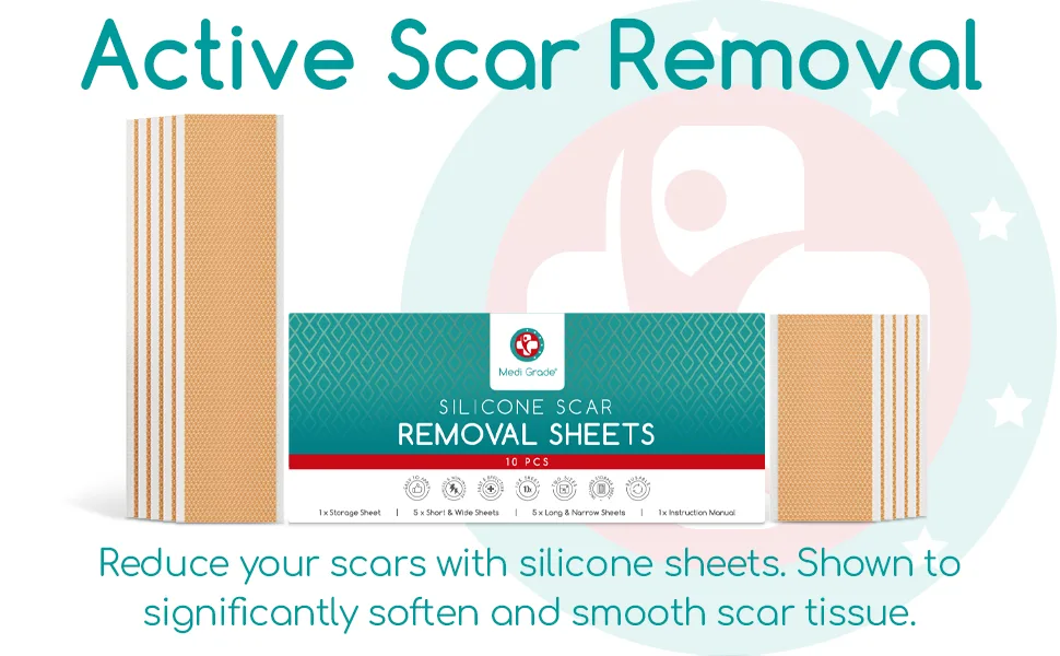 Silicone Scar Sheets [12pc] by Medi Grade - Reusable Silicone Sheets for Scars, Large/Small Sizes, with Storage Sheet - Fast & Effective Silicone Scar Strips for C-Section and Keloid Scar Removal - Active Scar Removal. Reduce your scars with silicone sheets.