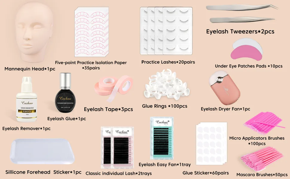 Cuckoo Eyelash Extension Kit,Lash Extension Practice Kit,Mannequin Head Practice Exercise Set Training Lash Extension Supplies for Beginners Include Mini Fan Lash Dryer,Eyelash Graft Eyelash Extension Kit-A3 - Mannequin Head