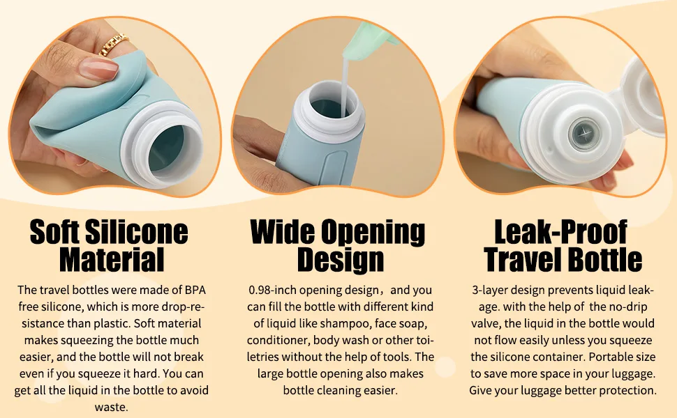 Lisapack Travel Bottles 3oz, Silicone Squeeze Toiletry Container Leak Proof, Travel Size for Shampoo (4 Pack, Pink, Yellow, Blue, Grey) 4PCS - travel bottle