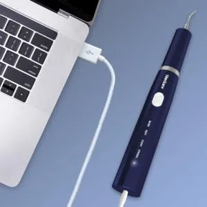 Teeth Cleaning Kit with LED Light, 4 Replaceable Heads & Oral Mirror, 3 Modes Dental Care Teeth Cleaner, Home whitening Tools Safe Navy blue - charger