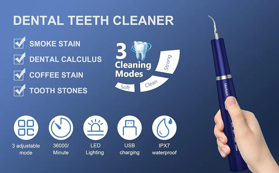 Teeth Cleaning Kit with LED Light, 4 Replaceable Heads & Oral Mirror, 3 Modes Dental Care Teeth Cleaner, Home whitening Tools Safe Navy blue - teeth cleaner