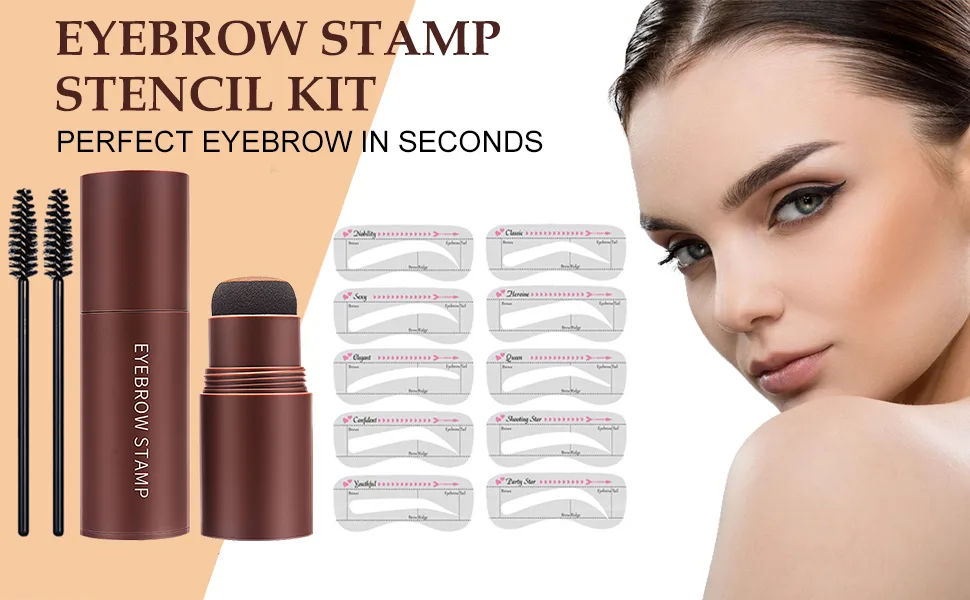 Eyebrow Stamp Stencil Kit, Eyebrow Stamp, Brow Stamp Shaping Kit for Perfect Eyebrow Makeup, with 10 Reusable Eyebrow Stencils, 2 Eyebrow Brushes, Long-Lasting, Waterproof - Light Brown (Light Brown) - Eyebrow Stamp Stencil Kit