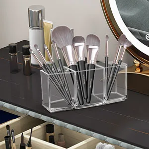 Clear Makeup Brush Holder Organizer, Cosmetic Brushes Storage with 3 Slots - brush holder