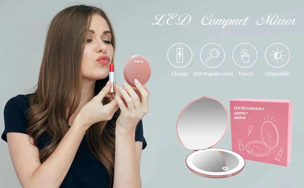 Kintion LED Lighted Travel Makeup Mirror, 1X/10X Rechargeable Compact Mirror, 3.5" Pocket Mirror, Purse Mirror (Rose Gold) - LED Compact mirror