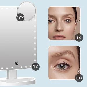Lighted Makeup Vanity Mirror with Phone Holder,Makeup Mirror with Lights and Detachable 10X Magnification, Cosmetic Desk Makeup Mirror with Sensor Touch Light Dimmable, 360°Rotation, Dual Power Supply White With Phone Hold… - 10X magnification