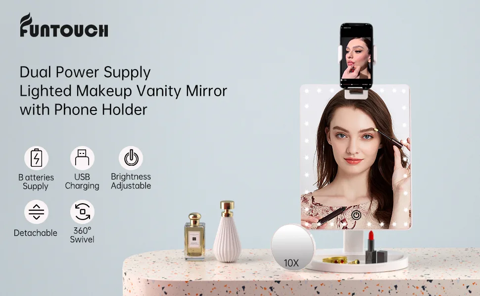 Lighted Makeup Vanity Mirror with Phone Holder,Makeup Mirror with Lights and Detachable 10X Magnification, Cosmetic Desk Makeup Mirror with Sensor Touch Light Dimmable, 360°Rotation, Dual Power Supply White With Phone Hold… - Lighted makeup mirror with lights