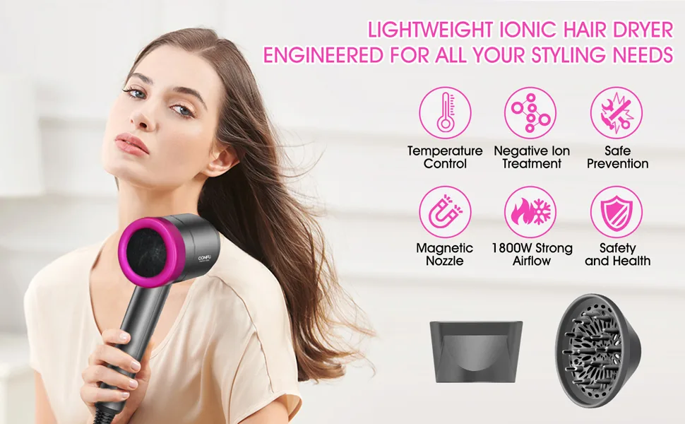 Ionic Hair Dryer, CONFU 1800W Portable Lightweight Blow Dryer, Fast Drying Negative Ion Hairdryer Blowdryer, 3 Heat Settings & Infinity Speed, with Diffuser and Concentrator Nozzle for Home & Travel - Ionic Hair Dryer