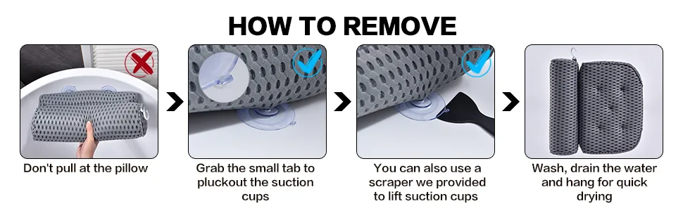 Bath Pillow Bathtub Pillow - Bath Pillows for Tub with Neck, Head, Shoulder and Back Support - 4D Air Mesh Spa Pillow for Bath - Extra Thick, Soft and Quick Dry | Gray - How to remove the pillow?