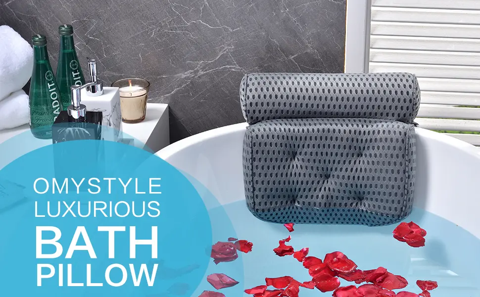 Bath Pillow Bathtub Pillow - Bath Pillows for Tub with Neck, Head, Shoulder and Back Support - 4D Air Mesh Spa Pillow for Bath - Extra Thick, Soft and Quick Dry | Gray - OMYSTYLE bath pillow