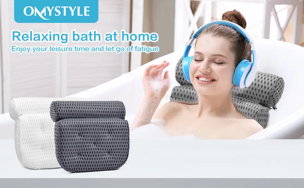 Bath Pillow Bathtub Pillow - Bath Pillows for Tub with Neck, Head, Shoulder and Back Support - 4D Air Mesh Spa Pillow for Bath - Extra Thick, Soft and Quick Dry | Gray - Relaxing bath at home