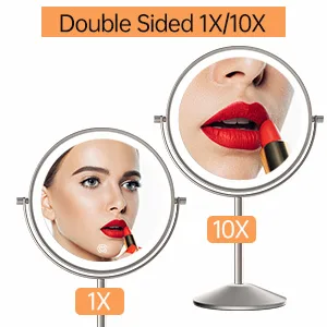 8 Inch Rechargeable Lighted Makeup Mirror, Double Sided Makeup Vanity Mirror with 3 Colors Lighting, 10X Magnifying Mirror, Touch Sensor Dimming, Tabletop Round Cosmetic Light Up Mirror (Nickel) - Double Side Lighted Makeup Mirror