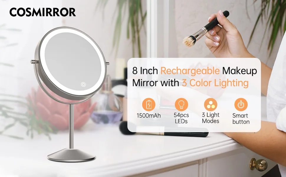 8 Inch Rechargeable Lighted Makeup Mirror, Double Sided Makeup Vanity Mirror with 3 Colors Lighting, 10X Magnifying Mirror, Touch Sensor Dimming, Tabletop Round Cosmetic Light Up Mirror (Nickel) - Double Sided Makeup Mirror with Lights