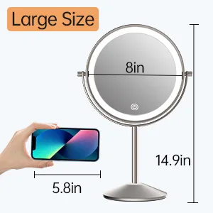 8 Inch Rechargeable Lighted Makeup Mirror, Double Sided Makeup Vanity Mirror with 3 Colors Lighting, 10X Magnifying Mirror, Touch Sensor Dimming, Tabletop Round Cosmetic Light Up Mirror (Nickel) - Large Makeup Mirror with Magnification
