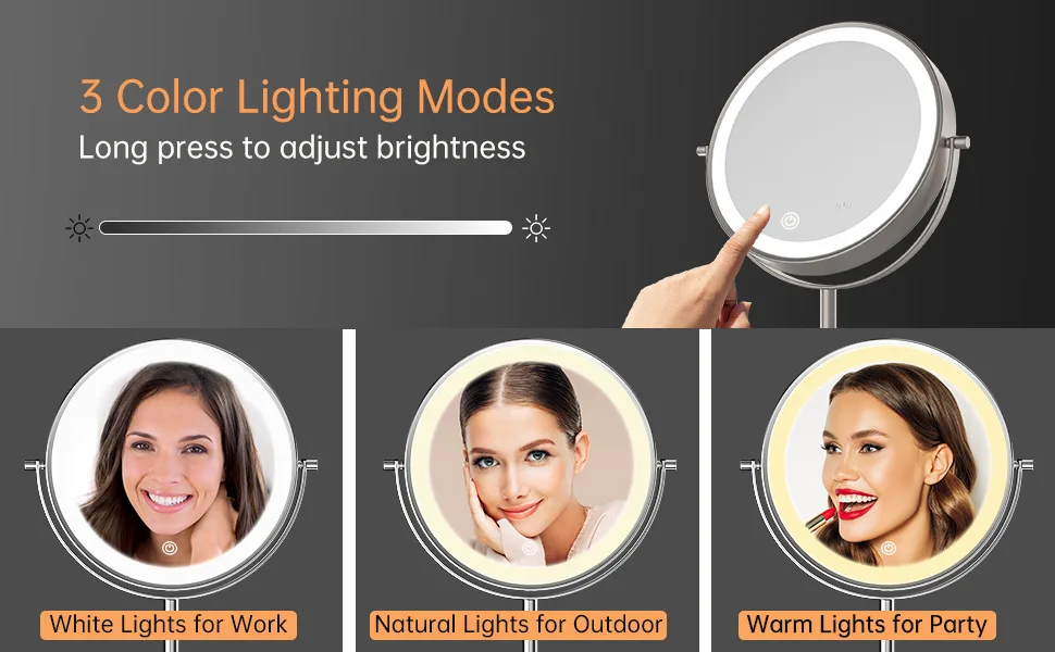 8 Inch Rechargeable Lighted Makeup Mirror, Double Sided Makeup Vanity Mirror with 3 Colors Lighting, 10X Magnifying Mirror, Touch Sensor Dimming, Tabletop Round Cosmetic Light Up Mirror (Nickel) - LED Makeup Vanity Mirror with Magnification
