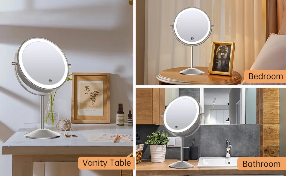 8 Inch Rechargeable Lighted Makeup Mirror, Double Sided Makeup Vanity Mirror with 3 Colors Lighting, 10X Magnifying Mirror, Touch Sensor Dimming, Tabletop Round Cosmetic Light Up Mirror (Nickel) - Lighted Makeup Mirror with Magnification
