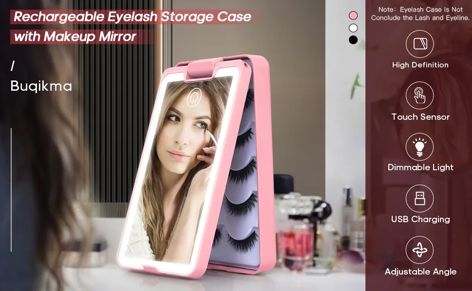 Buqikma Rechargeable Eyelash Compact Case with Lighted Makeup Mirror - Dimmable Eyelash Case Organizer Container Empty 360 Degree Rotation False Eyelash Storage Display Box(Black) - compact mirror with lash holder