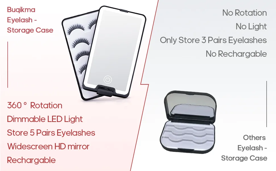 Buqikma Rechargeable Eyelash Compact Case with Lighted Makeup Mirror - Dimmable Eyelash Case Organizer Container Empty 360 Degree Rotation False Eyelash Storage Display Box(Black) - eyelash compact mirror