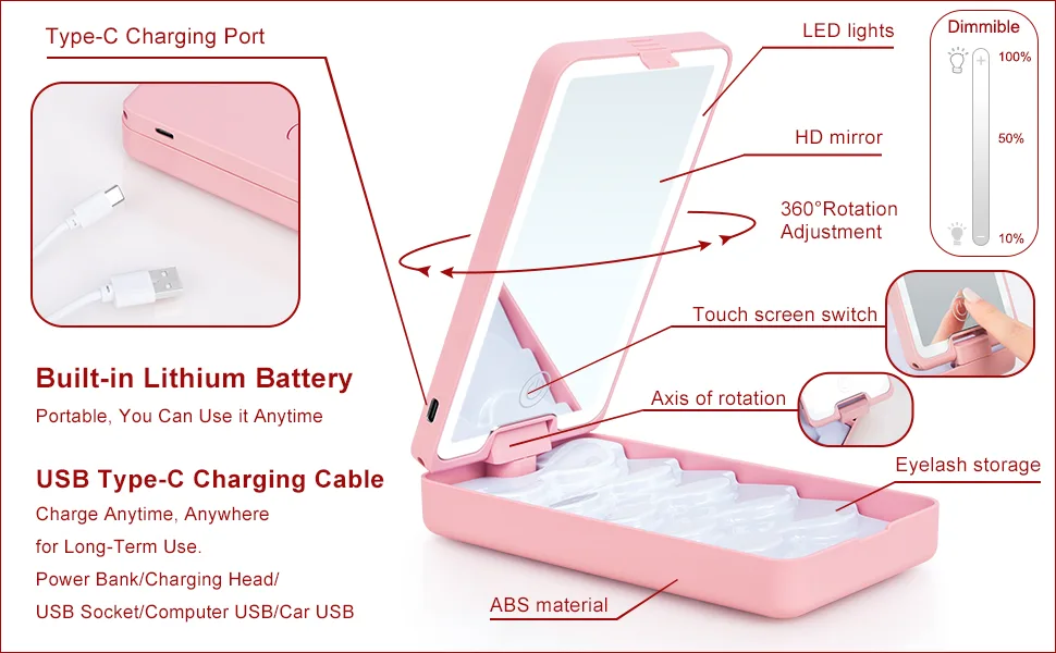 Buqikma Rechargeable Eyelash Compact Case with Lighted Makeup Mirror - Dimmable Eyelash Case Organizer Container Empty 360 Degree Rotation False Eyelash Storage Display Box(Black) - rechargeable lash case with makeup mirror