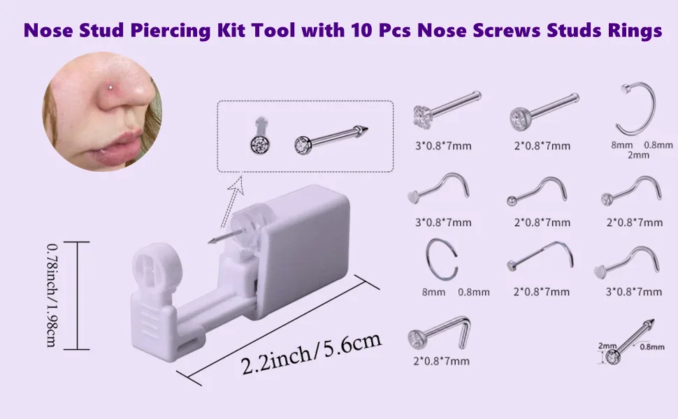 MRNLDB Self Nose Piercing Gun, Disposable Safe Nose Piercing Kit, Nose Stud Piercing Kit Tool with 10 Pcs Nose Screws Studs Rings and Marker (White) - Ear Nail Gun Nose Piercing Kit Tool Nose Piercing Gun Earring Stud Ear Piercing Tools