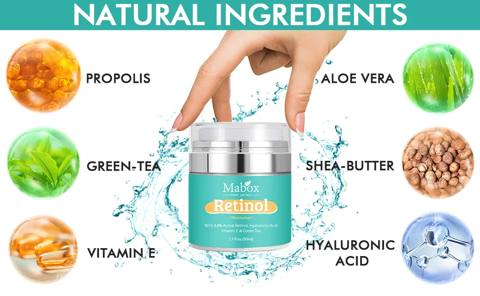 Mabox Moisturizer Cream for Face and Eye Area with 2.5 % Active Retinol, Hyaluronic Acid, Vitamin E, Anti Aging Formula Reduces Wrinkles, Fine Lines, Best Day and Night Cream (1.7 Fl. Oz) Cyan-2.5% Retinol - Moisturizer Cream for body