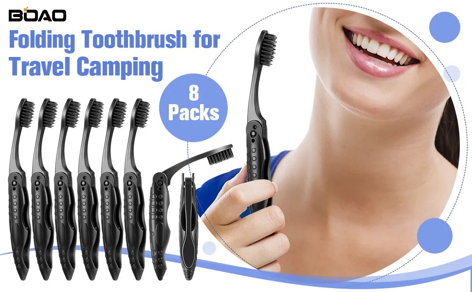 8 Packs Black Travel Folding Toothbrush Portable Charcoal Toothbrush with Soft Medium Bristles for Camping - product information 1