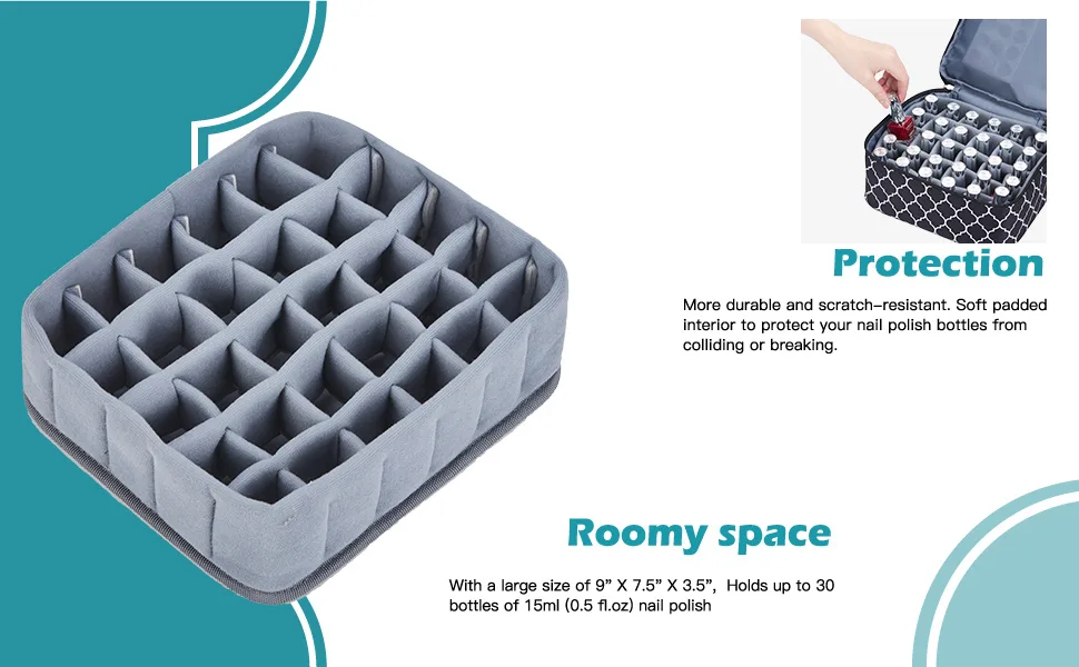 NICOGENA Double Layer Nail Polish Holder Organizer Bag and Manicure Set Case, Holds 30 Bottles (15ml-0.5 fl.oz), Secure Soft Storage Cube Storage (Lantern black) - NAIL POLISH CASE