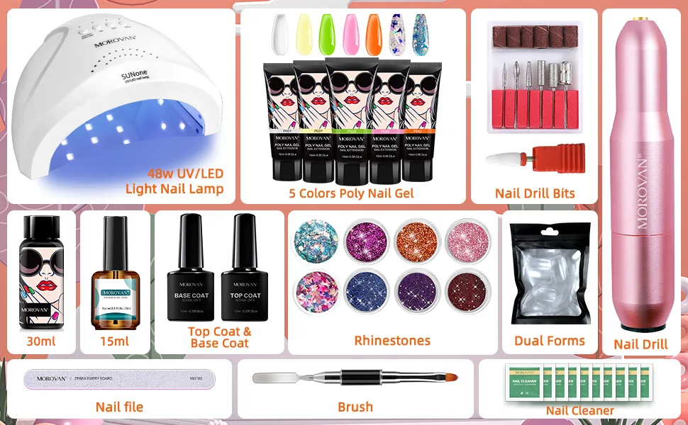 Morovan Poly Gel Nail Kit with Lamp and Drill Starter Kit - Poly Gel Kits Professional 5 Colors Poly Gel Nail Extension Complete Set with Light 48W Beginners DIY Nail Art Design Green - polygel nail kit with lamp and drill
