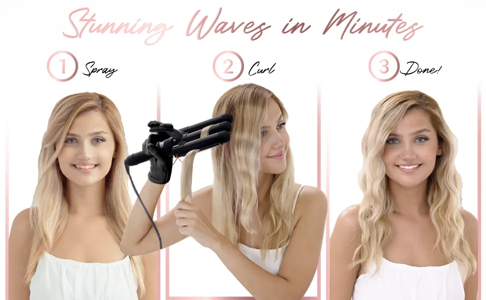 3 Barrel Curling Iron Wand - Triple Hair Waver & Crimper for Beach Waves Set, Ceramic Tourmaline with Adjustable Temperature - Beach Waver, Black - curling iron