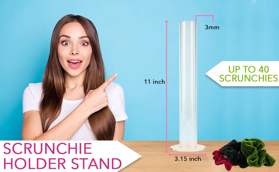 Strawbre Scrunchie Holder Stand Organizer, Hair Tie and Jewelry Storage, Teen Girls VSCO Stuff, Perfect for Gift and Bedroom Decor - Clear Acrylic 11 Inches Tower - Strawbre Scrunchie Holder Size Specifications