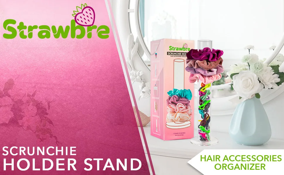 Strawbre Scrunchie Holder Stand Organizer, Hair Tie and Jewelry Storage, Teen Girls VSCO Stuff, Perfect for Gift and Bedroom Decor - Clear Acrylic 11 Inches Tower - Strawbre Scrunchie Holder Stand Organizer Acrylic